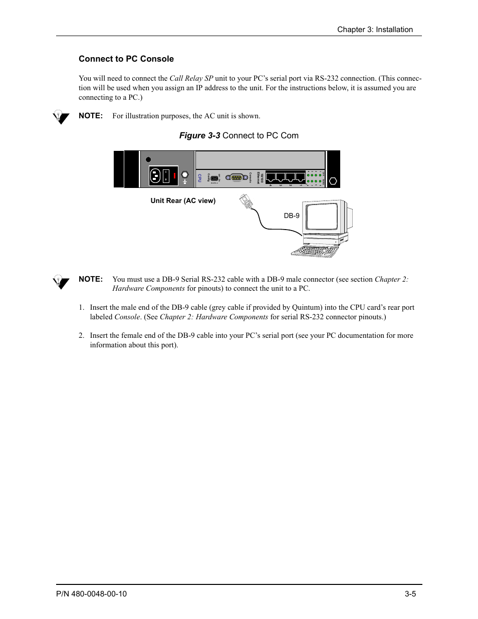 Connect to pc console, Connect to pc console -5, Figure 3-3 connect to pc com | Db-9, Unit rear (ac view) | Quintum Technologies Tenor Call Relay SP User Manual | Page 35 / 98