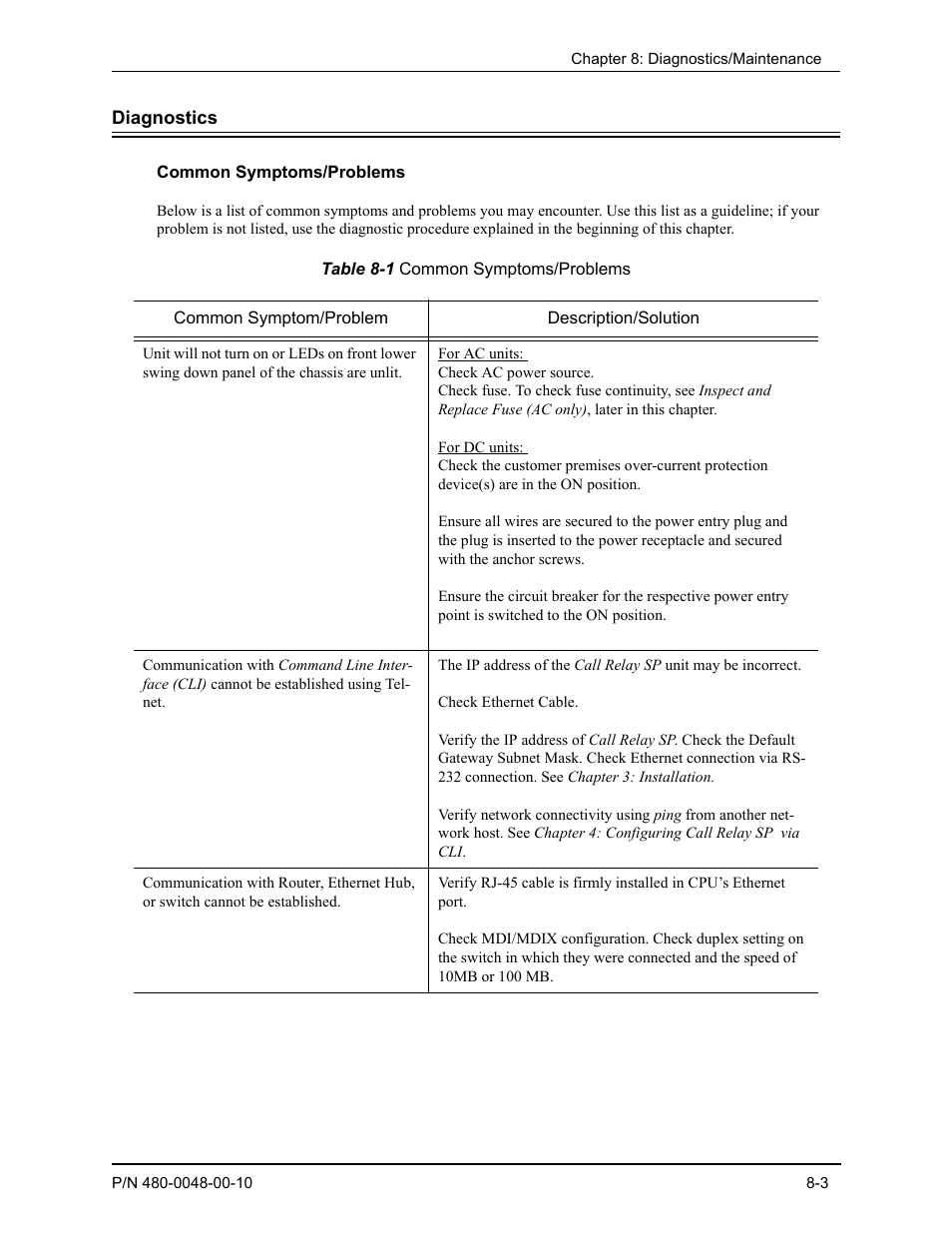 Diagnostics, Common symptoms/problems, Diagnostics -3 | Common symptoms/problems -3 | Quintum Technologies Tenor Call Relay SP User Manual | Page 81 / 98