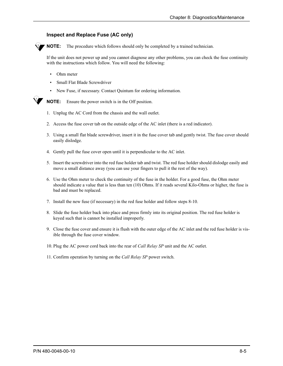 Inspect and replace fuse (ac only), Inspect and replace fuse (ac only) -5 | Quintum Technologies Tenor Call Relay SP User Manual | Page 83 / 98