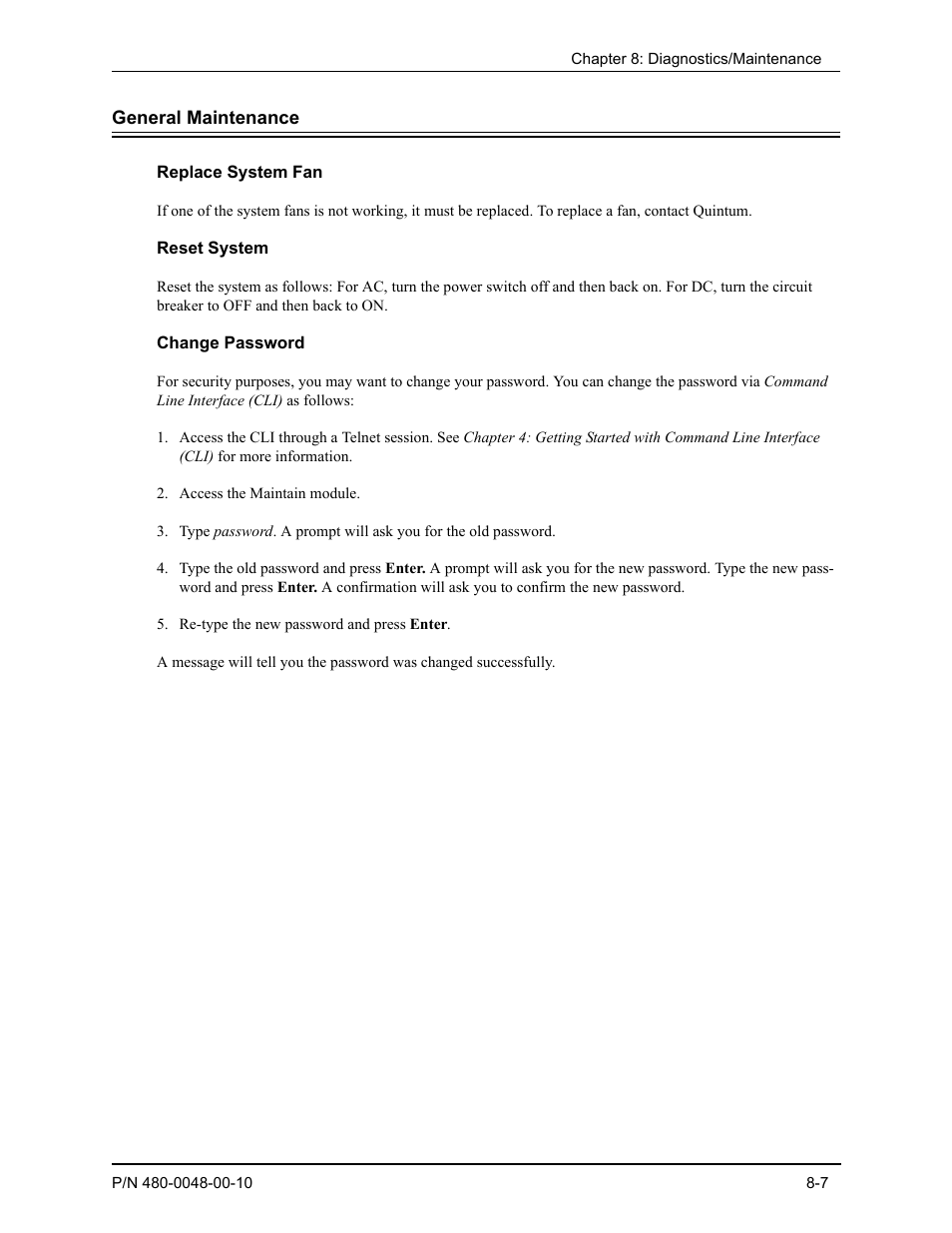 General maintenance, Replace system fan, Reset system | Change password, General maintenance -7, Replace system fan -7, Reset system -7, Change password -7 | Quintum Technologies Tenor Call Relay SP User Manual | Page 85 / 98