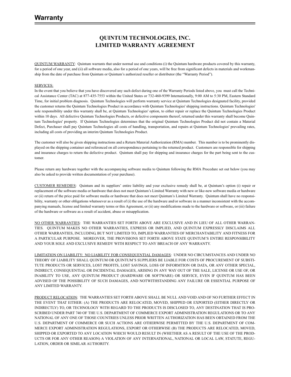 Warranty | Quintum Technologies Tenor Call Relay SP User Manual | Page 94 / 98