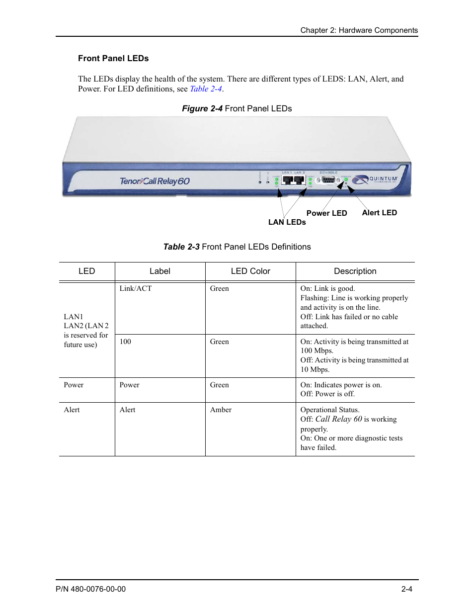 Front panel leds, Front panel leds -4 | Quintum Technologies Tenor Call Relay 60 User Manual | Page 22 / 67