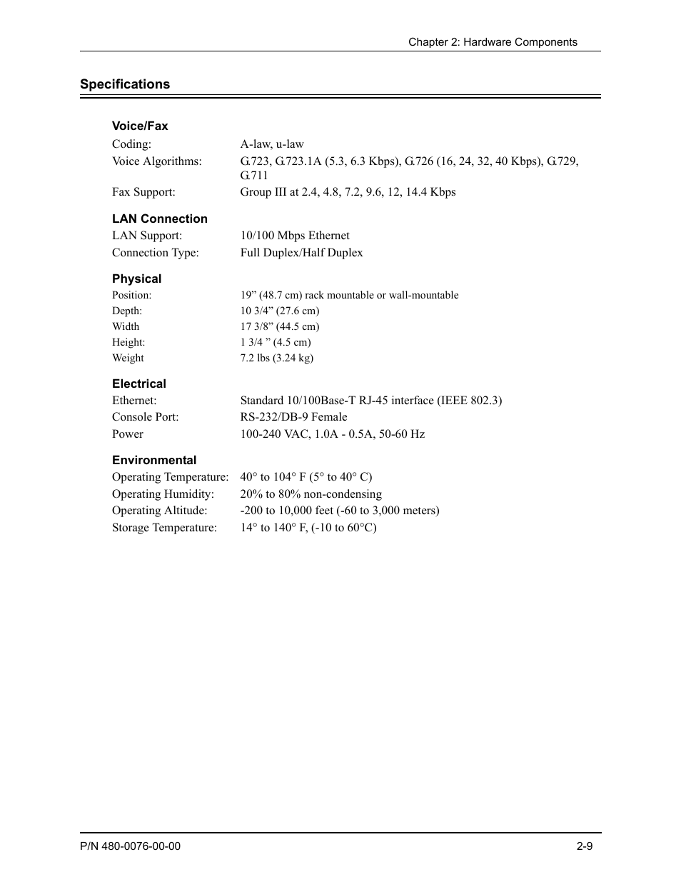 Specifications, Voice/fax, Lan connection | Physical, Electrical, Environmental, Specifications -9, Voice/fax -9, Lan connection -9, Physical -9 | Quintum Technologies Tenor Call Relay 60 User Manual | Page 27 / 67
