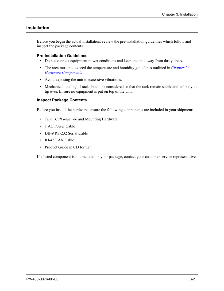 Installation, Pre-installation guidelines, Inspect package contents | Installation -2, Pre-installation guidelines -2, Inspect package contents -2 | Quintum Technologies Tenor Call Relay 60 User Manual | Page 29 / 67