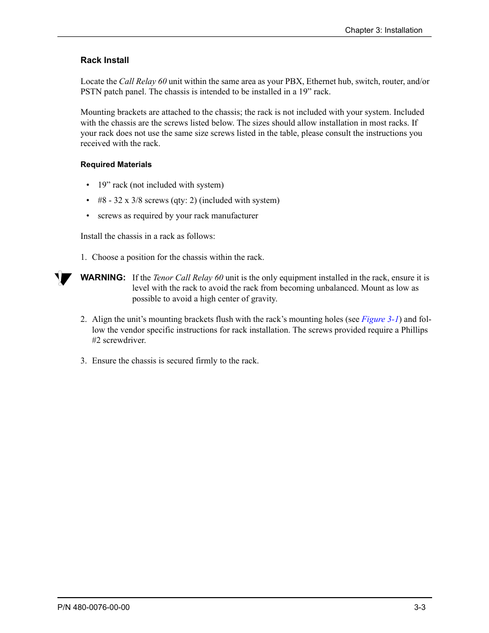Rack install, Rack install -3 | Quintum Technologies Tenor Call Relay 60 User Manual | Page 30 / 67