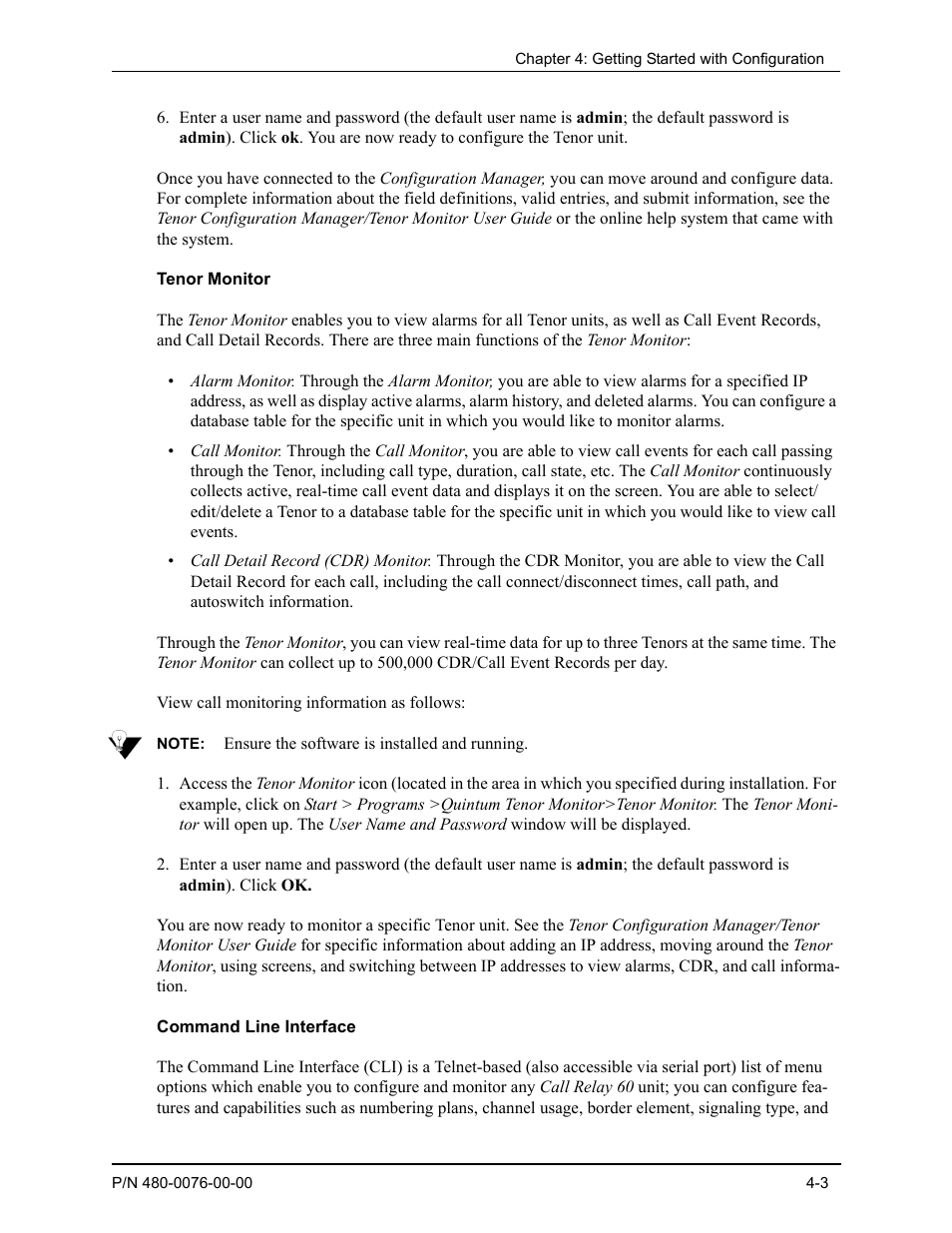 Tenor monitor, Command line interface, Tenor monitor -3 | Command line interface -3 | Quintum Technologies Tenor Call Relay 60 User Manual | Page 41 / 67