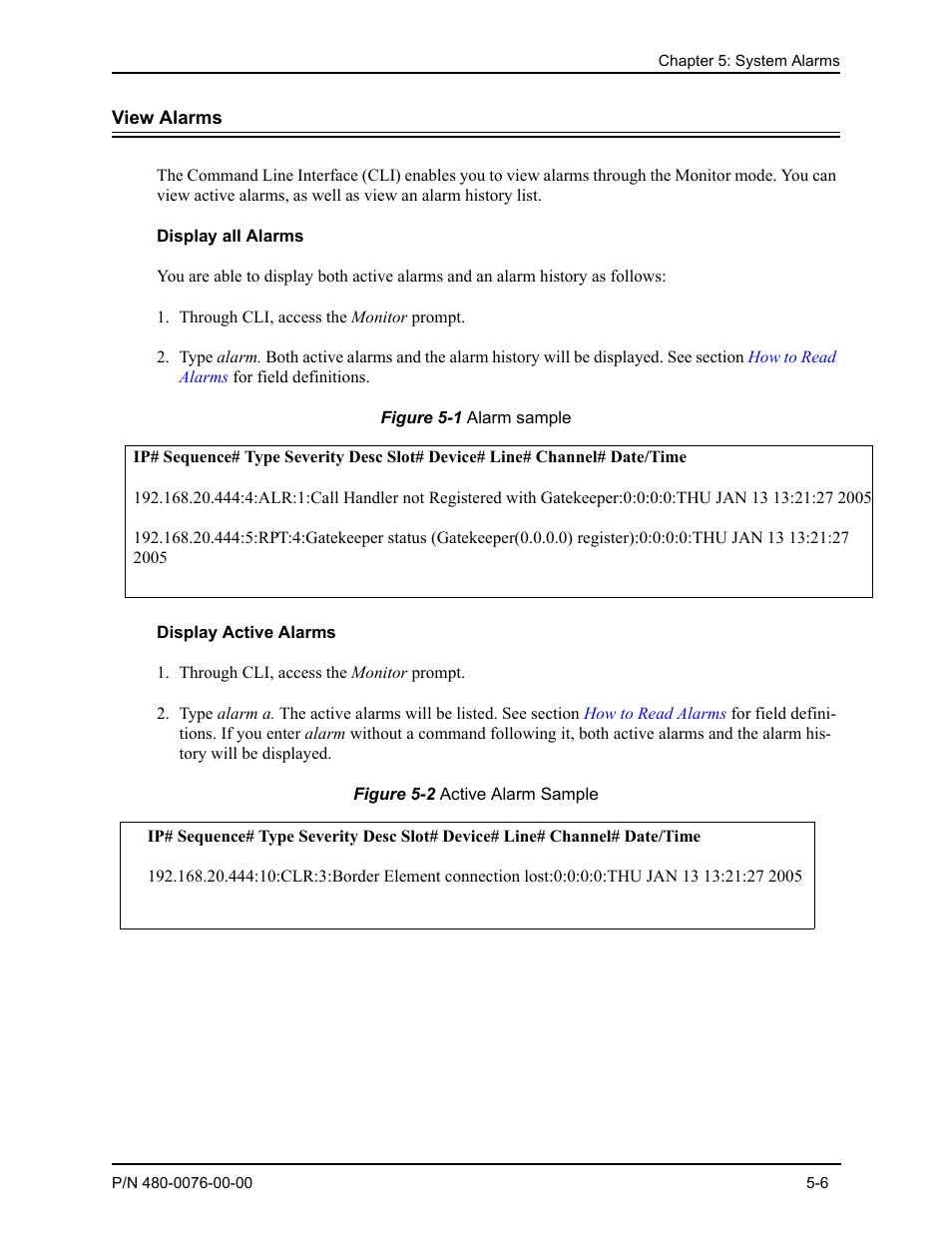 View alarms, Display all alarms, Display active alarms | View alarms -6, Display all alarms -6, Display active alarms -6 | Quintum Technologies Tenor Call Relay 60 User Manual | Page 50 / 67