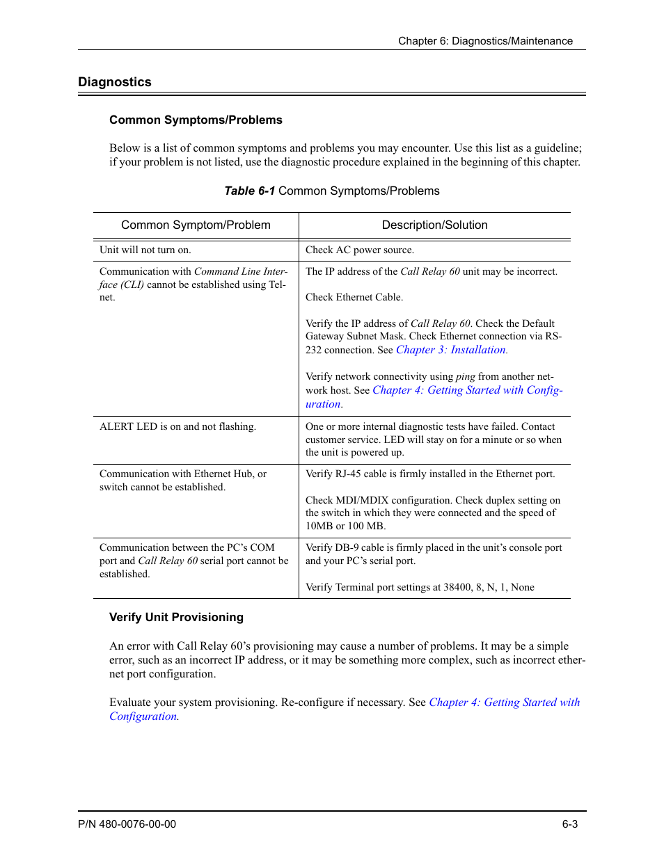 Diagnostics, Common symptoms/problems, Verify unit provisioning | Diagnostics -3, Common symptoms/problems -3, Verify unit provisioning -3 | Quintum Technologies Tenor Call Relay 60 User Manual | Page 54 / 67