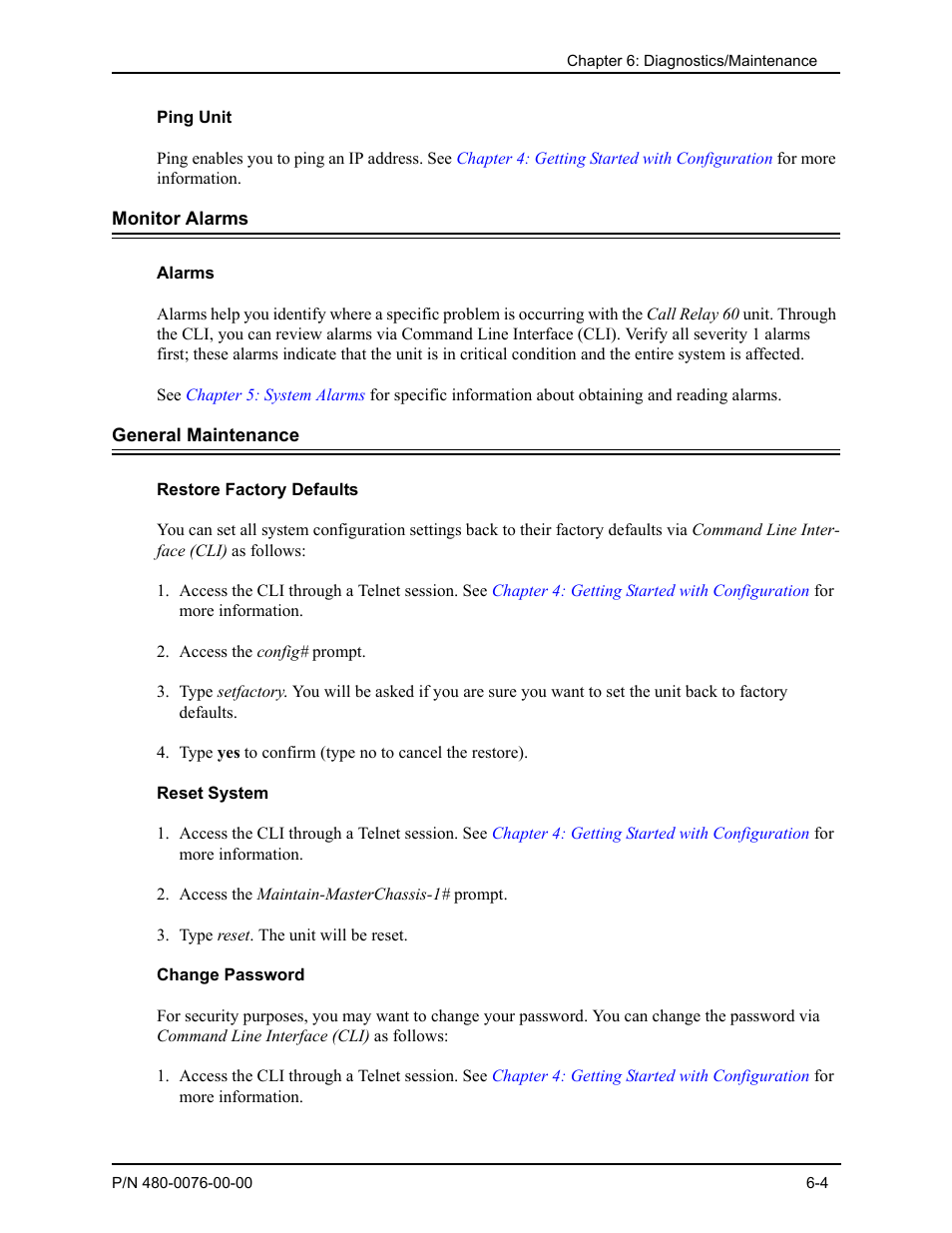 Ping unit, Monitor alarms, Alarms | General maintenance, Restore factory defaults, Reset system, Change password, Ping unit -4, Monitor alarms -4, Alarms -4 | Quintum Technologies Tenor Call Relay 60 User Manual | Page 55 / 67