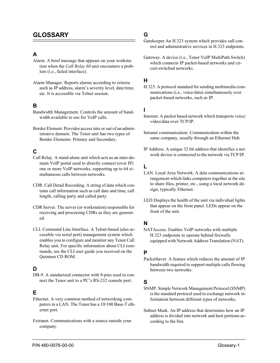 Glossary | Quintum Technologies Tenor Call Relay 60 User Manual | Page 57 / 67
