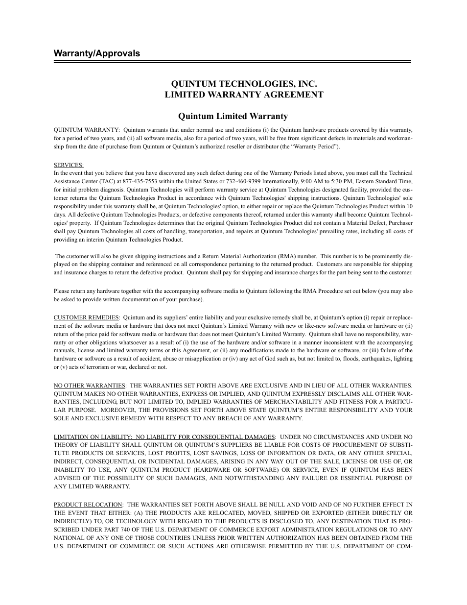 Warranty/approvals, Quintum limited warranty | Quintum Technologies Tenor Call Relay 60 User Manual | Page 59 / 67