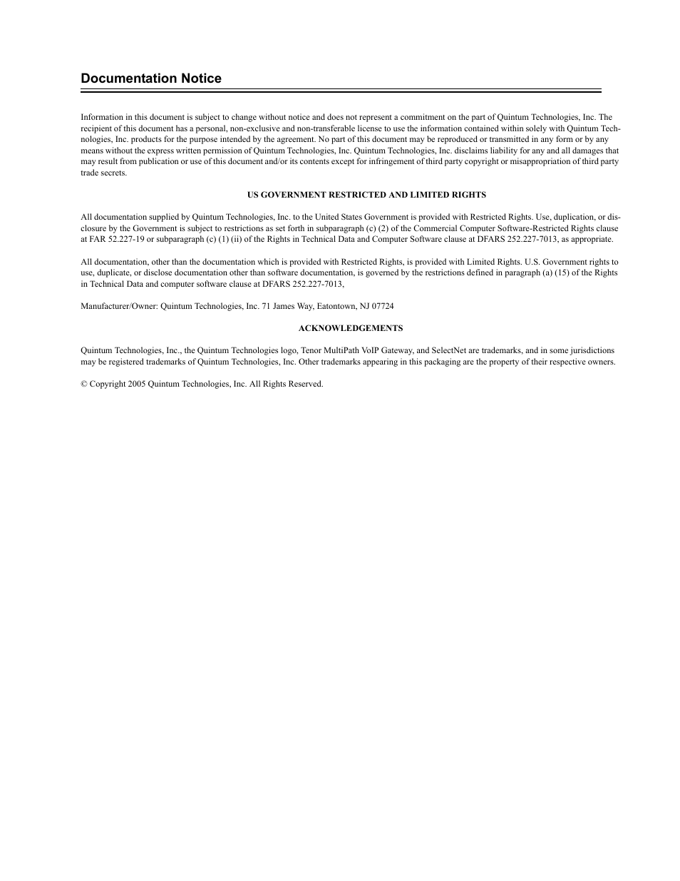 Documentation notice | Quintum Technologies Tenor Call Relay 60 User Manual | Page 61 / 67