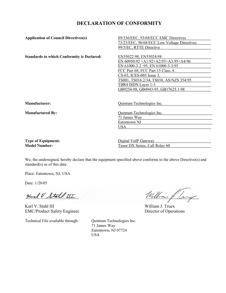 Declaration of conformity | Quintum Technologies Tenor Call Relay 60 User Manual | Page 65 / 67