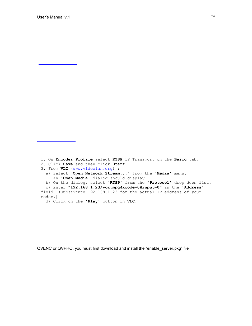 Configuring the encoder for rtsp and server mode, 3 configuring the encoder for rtsp and server mode | QVidium QVENC Encoder v17 User Manual | Page 32 / 73