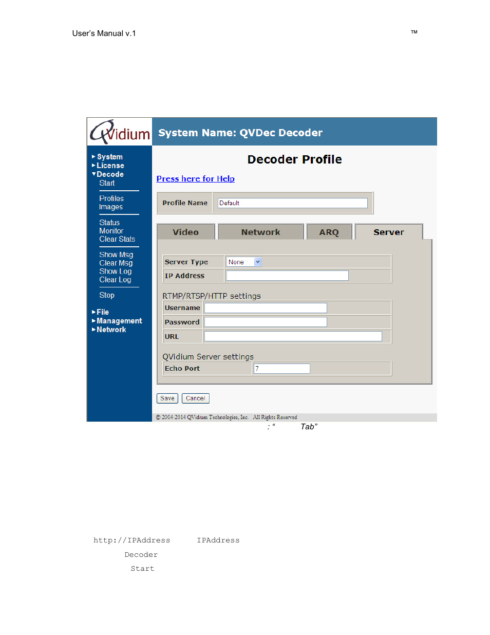 Arq tab, Server tab, Starting the decoder | 3 starting the decoder | QVidium QVENC Encoder v17 User Manual | Page 39 / 73
