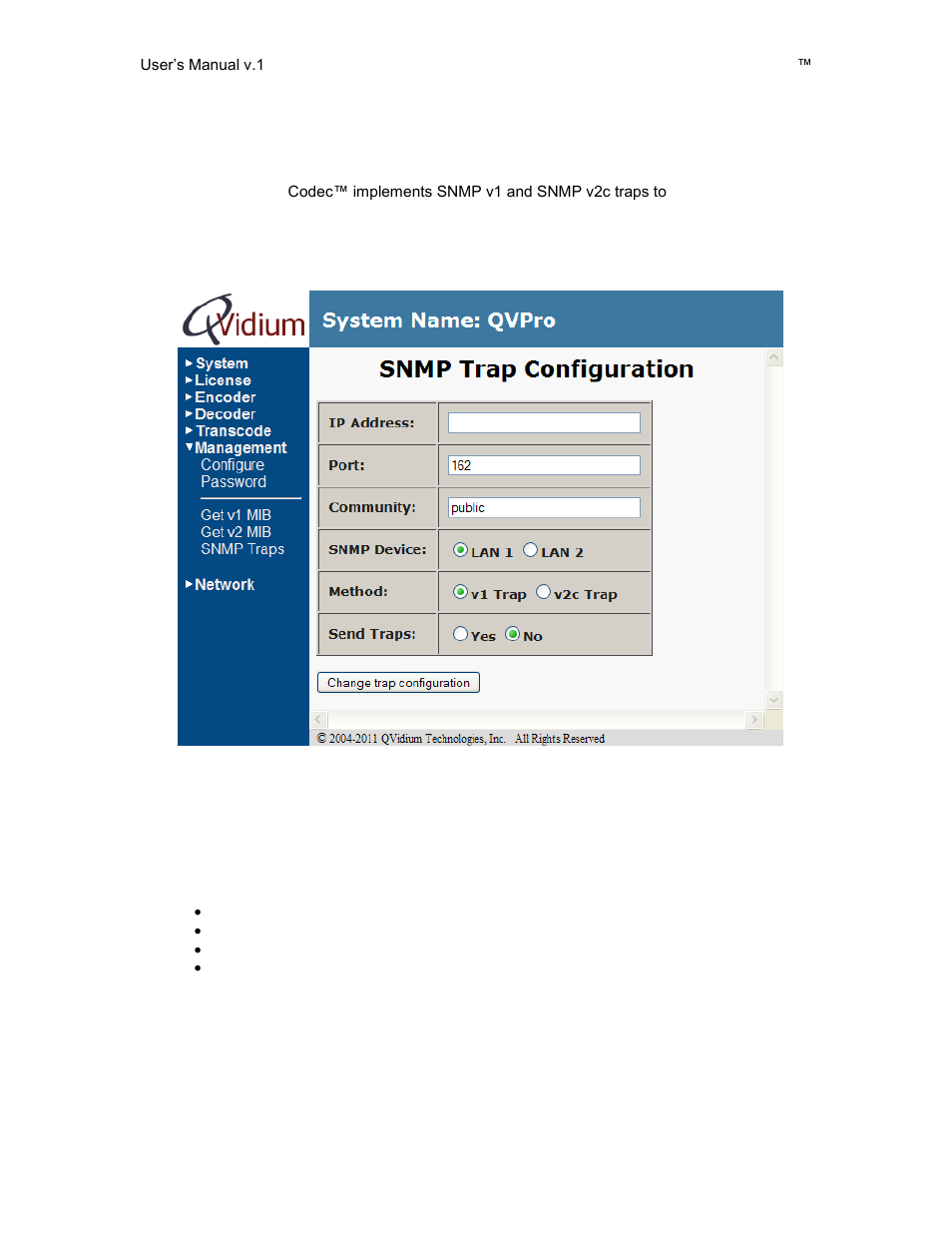 Snmp trap configuration, 2 snmp trap configuration | QVidium QVENC Encoder v17 User Manual | Page 45 / 73