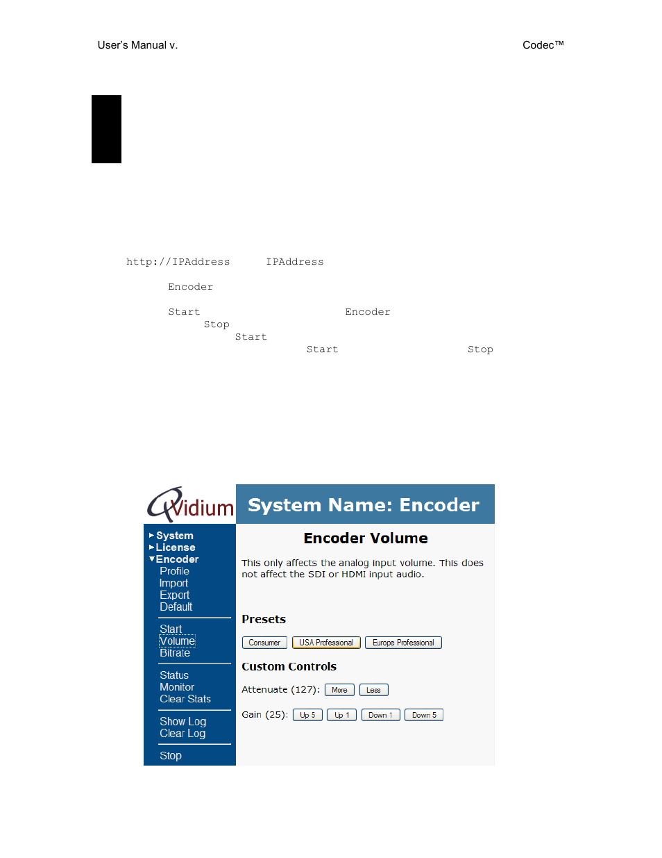 Encoder operation, Starting and stopping the encoder, Adjusting encoder audio levels | 1 starting and stopping the encoder, 2 adjusting encoder audio levels | QVidium QVSD User Manual | Page 17 / 53