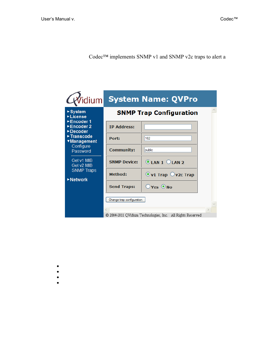 Snmp trap configuration, 2 snmp trap configuration | QVidium QVSD User Manual | Page 31 / 53