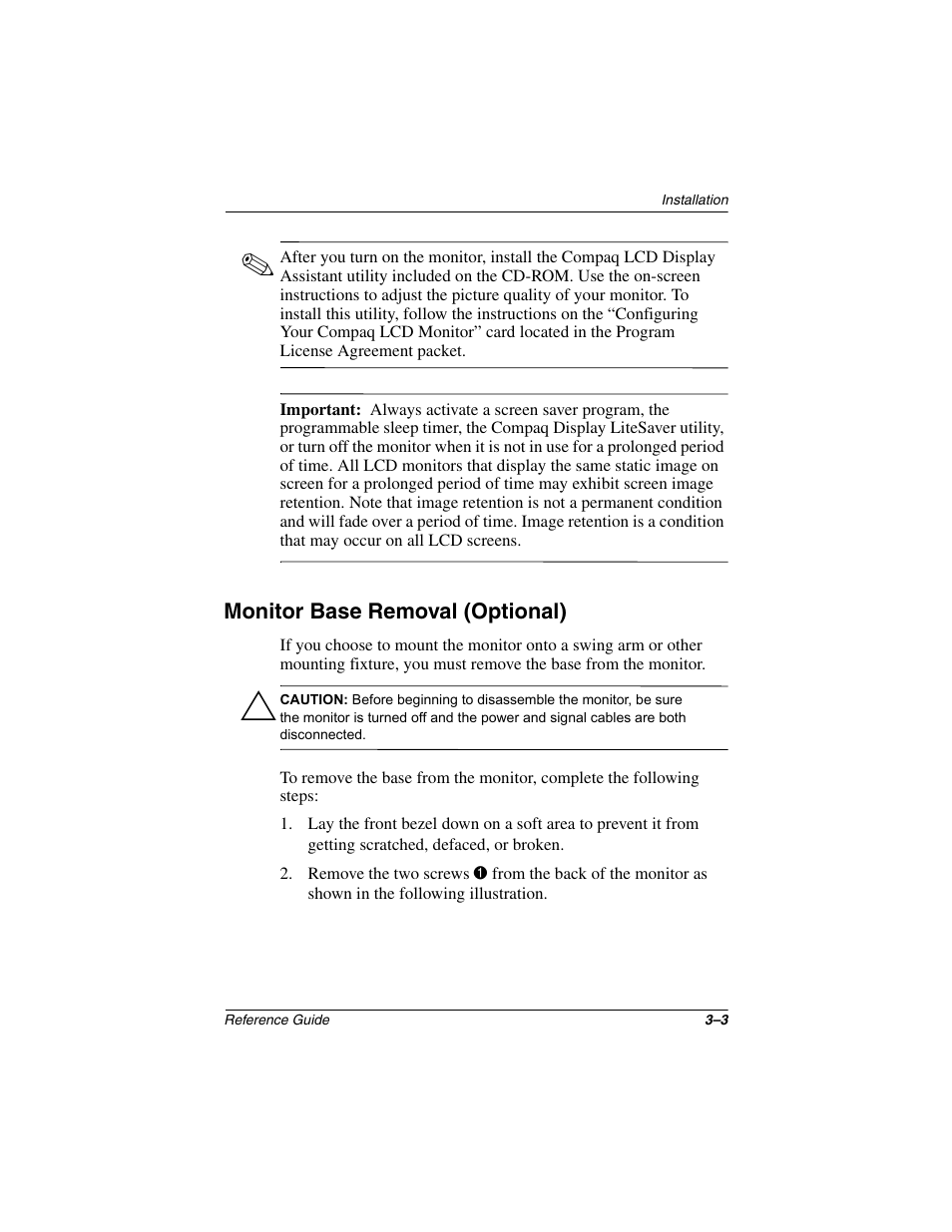 Monitor base removal (optional) | Compaq 5017 User Manual | Page 11 / 44