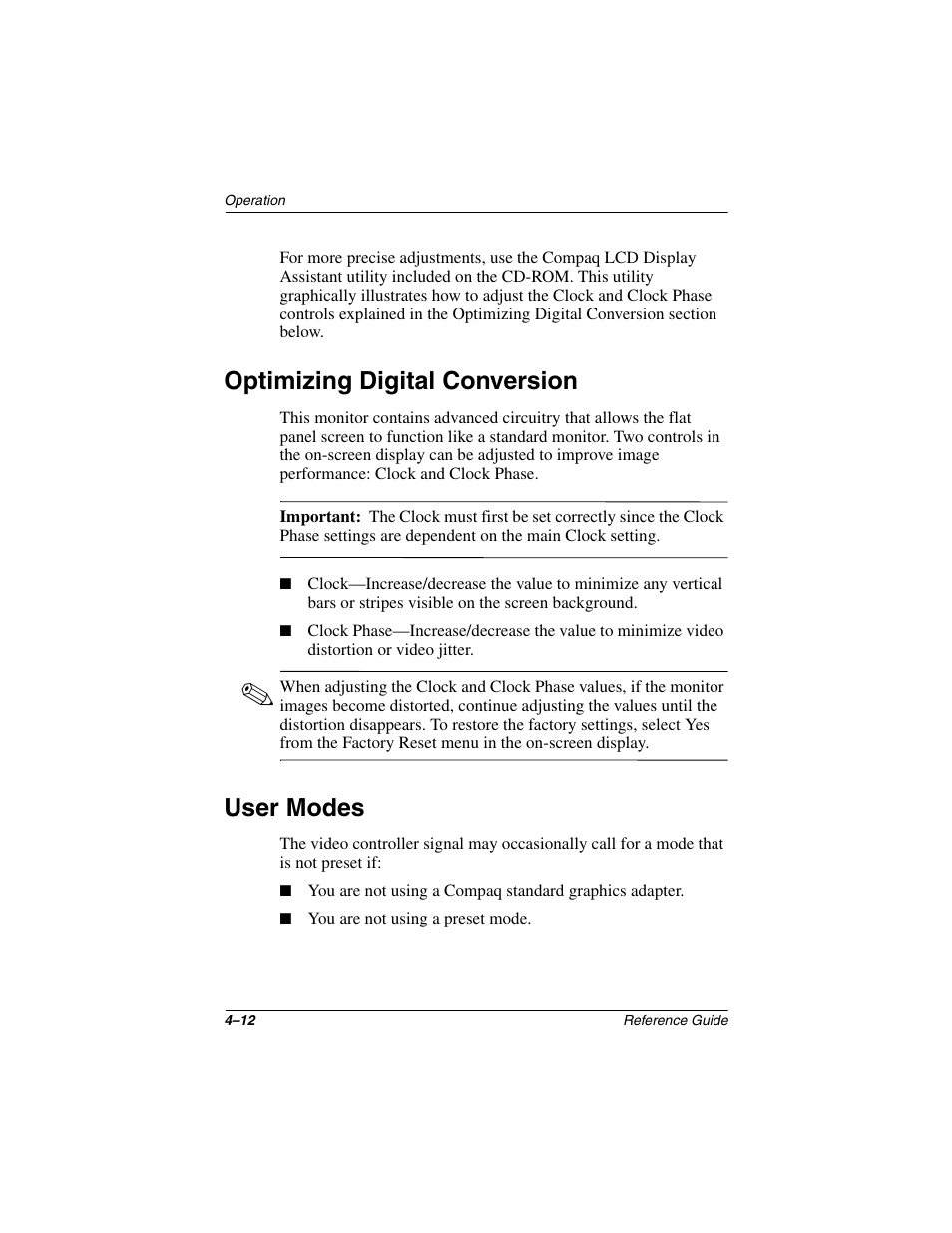 Optimizing digital conversion, User modes | Compaq 5017 User Manual | Page 24 / 44