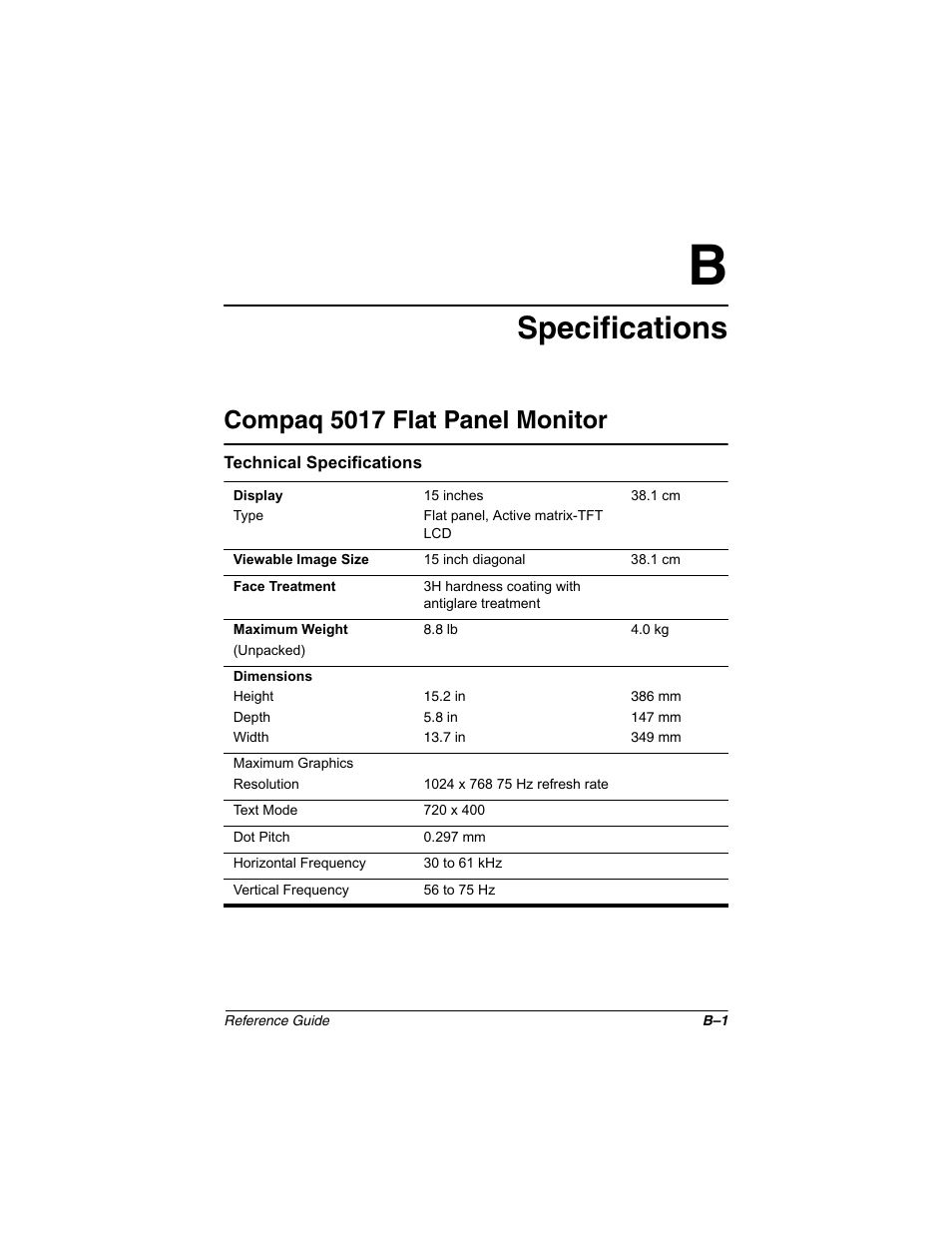 Specifications, Compaq 5017 flat panel monitor | Compaq 5017 User Manual | Page 31 / 44