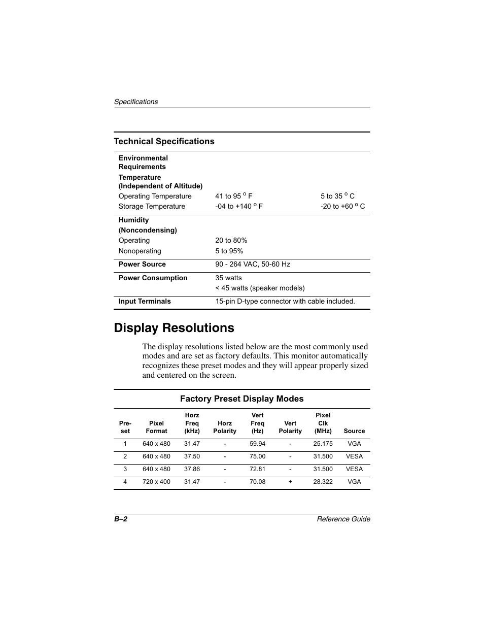 Display resolutions | Compaq 5017 User Manual | Page 32 / 44