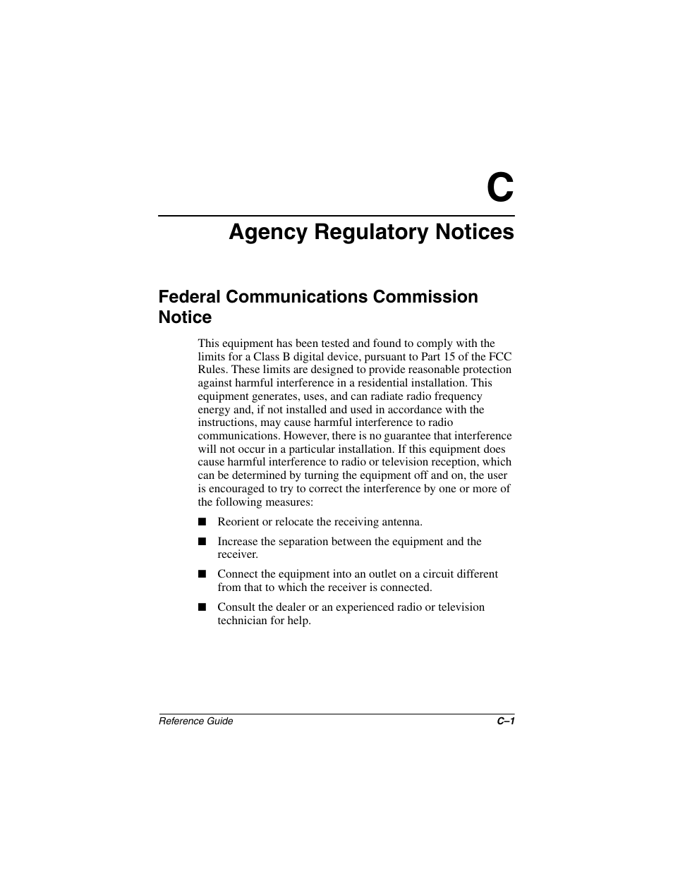 Agency regulatory notices, Federal communications commission notice | Compaq 5017 User Manual | Page 35 / 44