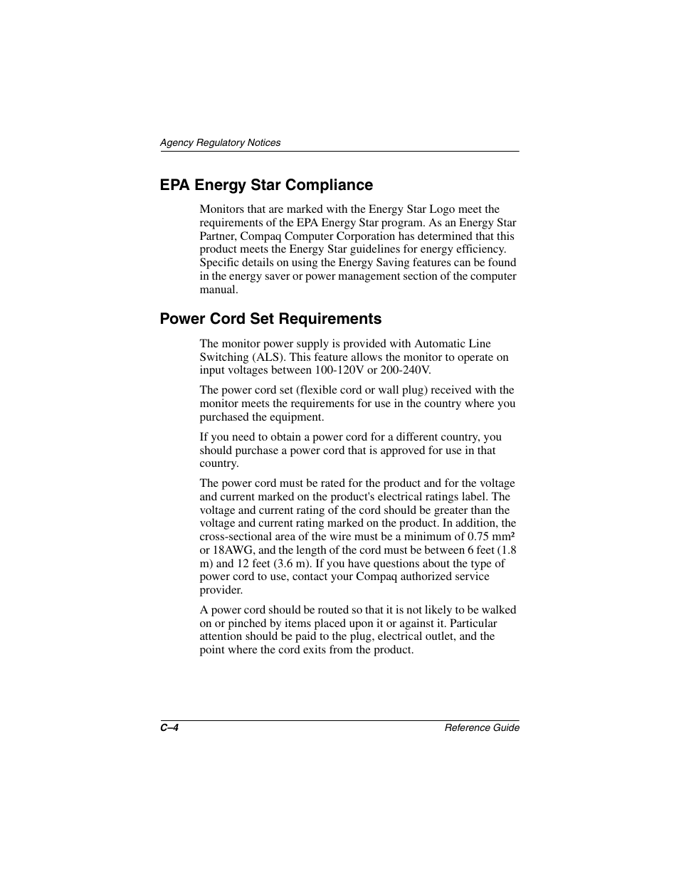 Epa energy star compliance, Power cord set requirements | Compaq 5017 User Manual | Page 38 / 44