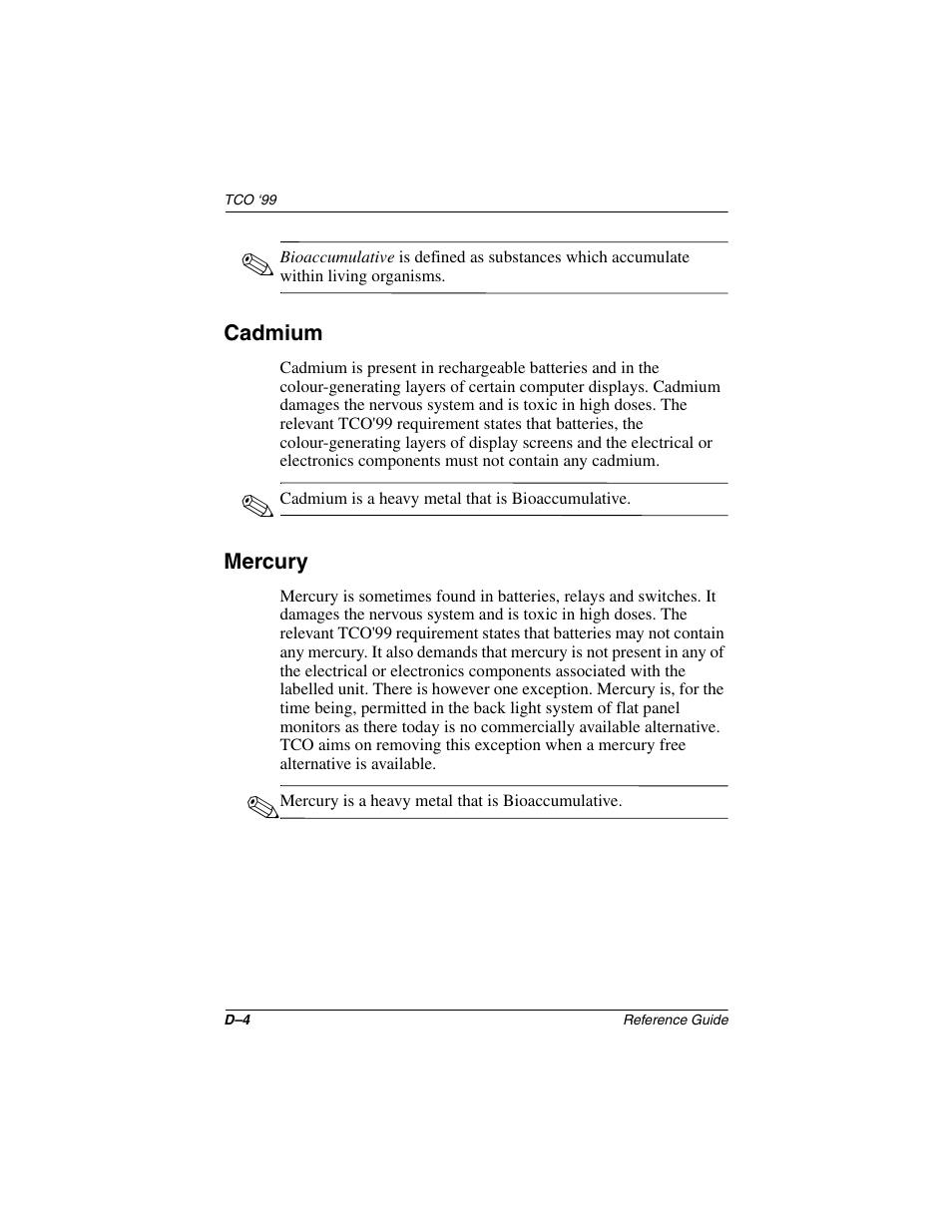 Cadmium, Mercury | Compaq 5017 User Manual | Page 42 / 44