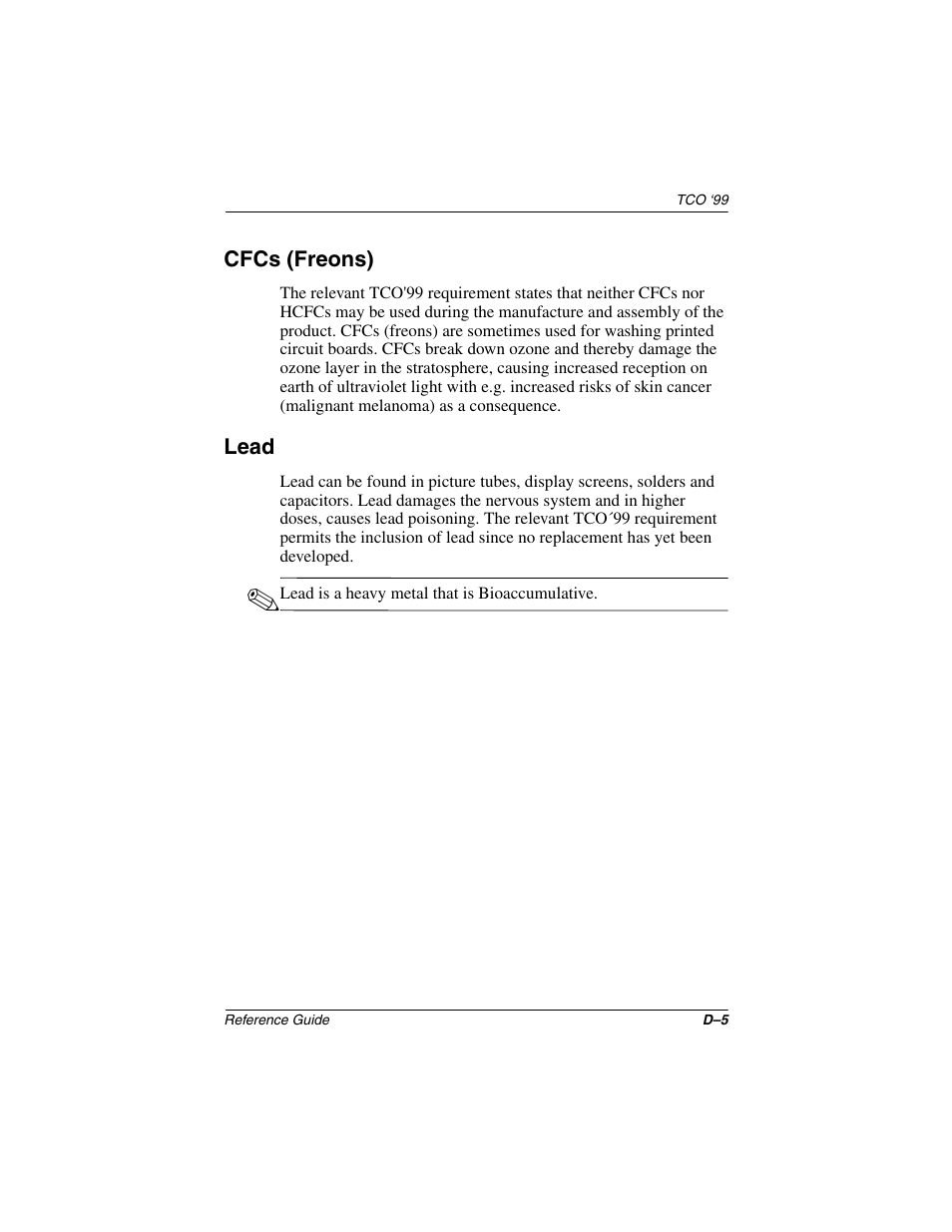 Cfcs (freons), Lead | Compaq 5017 User Manual | Page 43 / 44