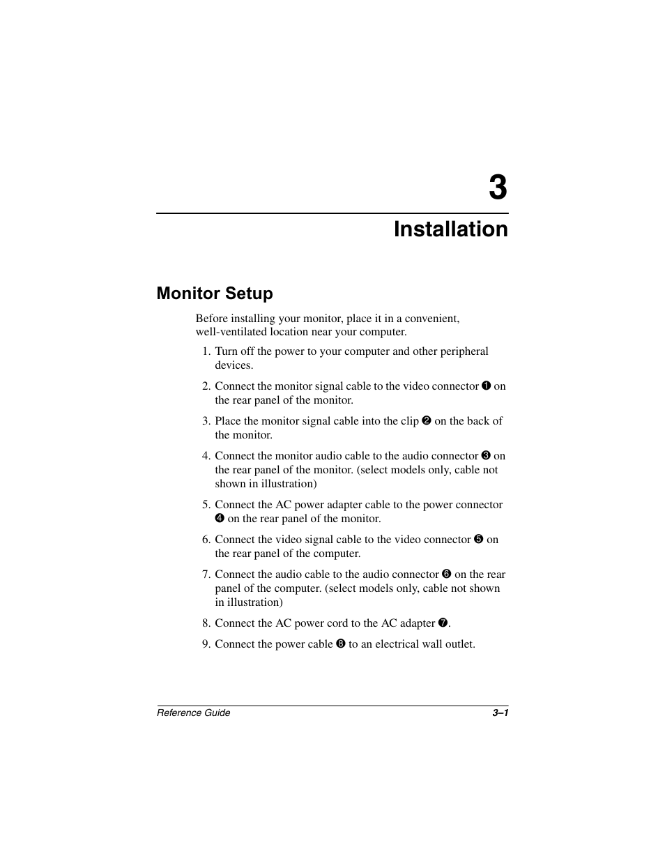 Installation, Monitor setup | Compaq 5017 User Manual | Page 9 / 44