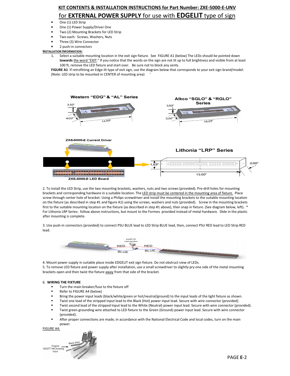 Edgelit, For external power supply for use with, Type of sign | Page e-2 | Radionic ZXE–5000-UNVSeries User Manual | Page 4 / 6