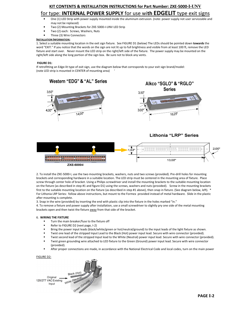 Edgelit, For type: internal power supply for use with, Type exit signs | Page i -2 | Radionic ZXE–5000-UNVSeries User Manual | Page 6 / 6