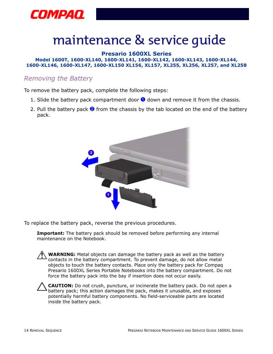 Removing the battery | Compaq 1600XL User Manual | Page 100 / 150