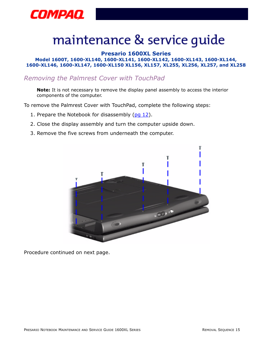 Removing the palmrest cover with touchpad, Presario 1600xl series | Compaq 1600XL User Manual | Page 101 / 150