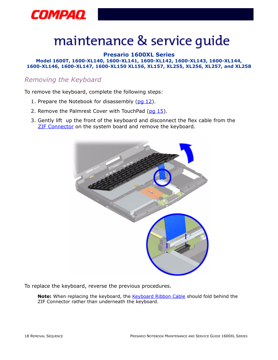 Removing the keyboard, Presario 1600xl series | Compaq 1600XL User Manual | Page 104 / 150