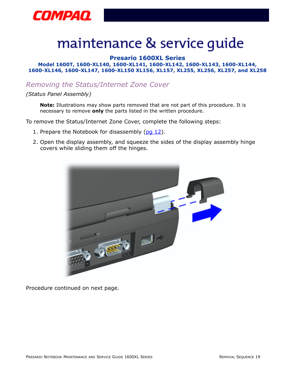 Removing the status/internet zone cover, Presario 1600xl series, Status panel assembly) | Compaq 1600XL User Manual | Page 105 / 150