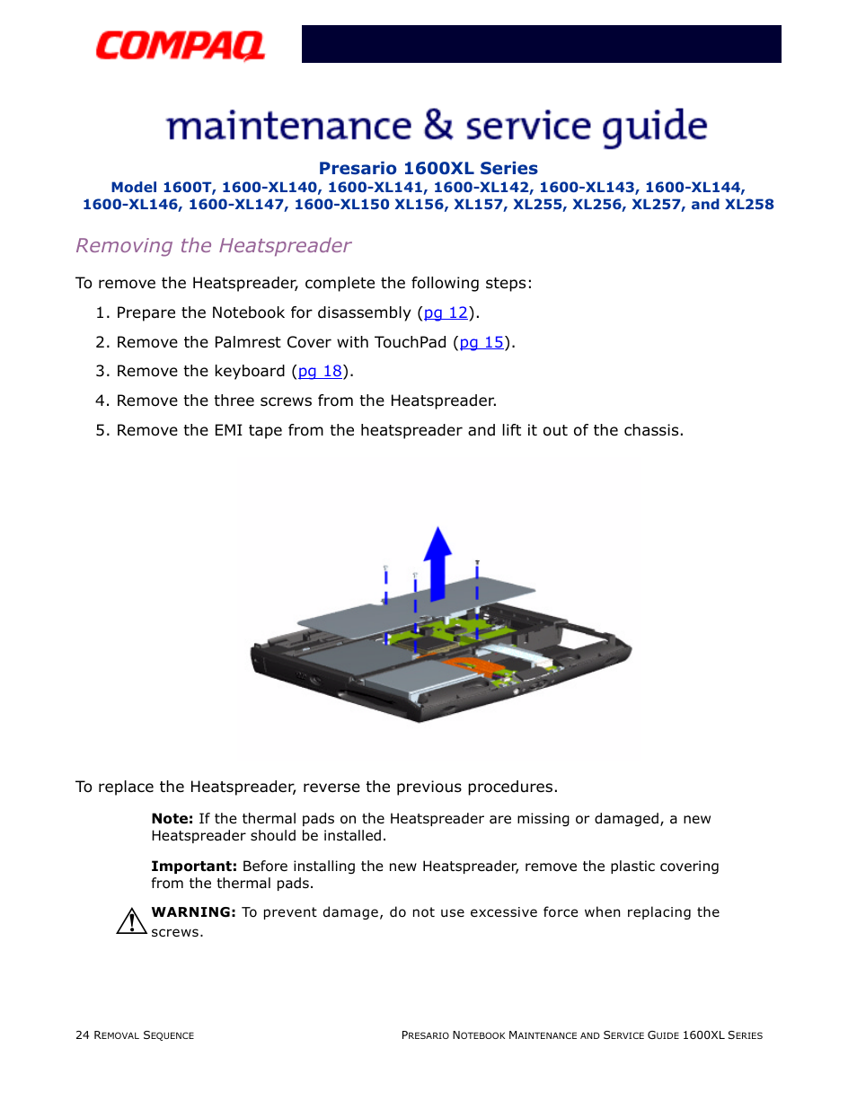 Removing the heatspreader, Presario 1600xl series | Compaq 1600XL User Manual | Page 110 / 150