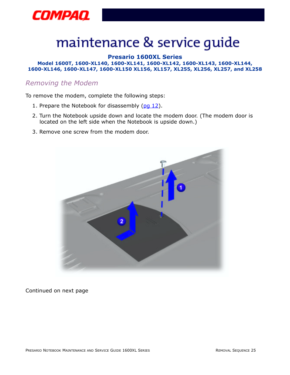 Removing the modem, Presario 1600xl series | Compaq 1600XL User Manual | Page 111 / 150