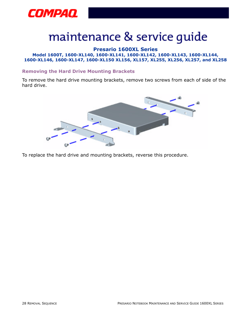 Removing the hard drive mounting brackets, Presario 1600xl series | Compaq 1600XL User Manual | Page 114 / 150