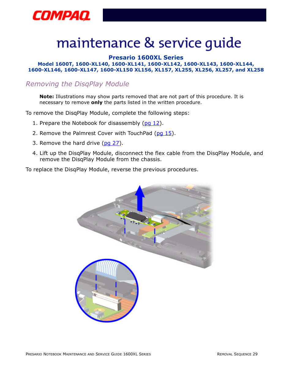 Removing the disqplay module, Presario 1600xl series | Compaq 1600XL User Manual | Page 115 / 150