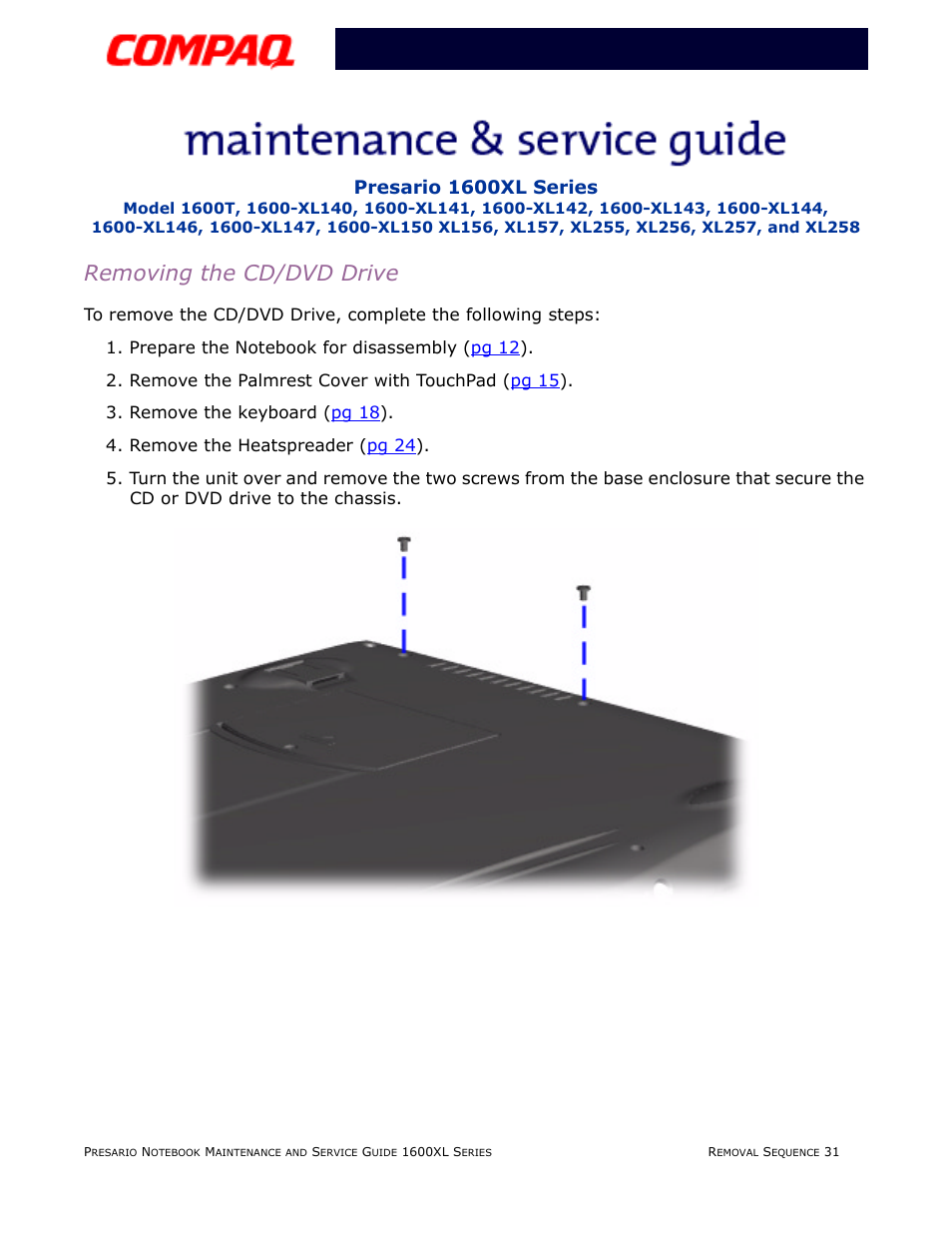 Removing the cd/dvd drive, Presario 1600xl series | Compaq 1600XL User Manual | Page 117 / 150