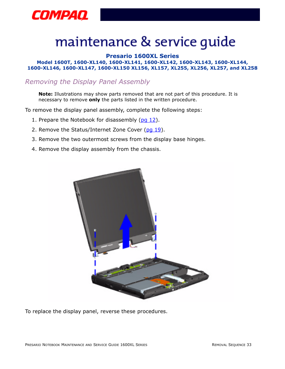 Removing the display panel assembly, Presario 1600xl series | Compaq 1600XL User Manual | Page 119 / 150