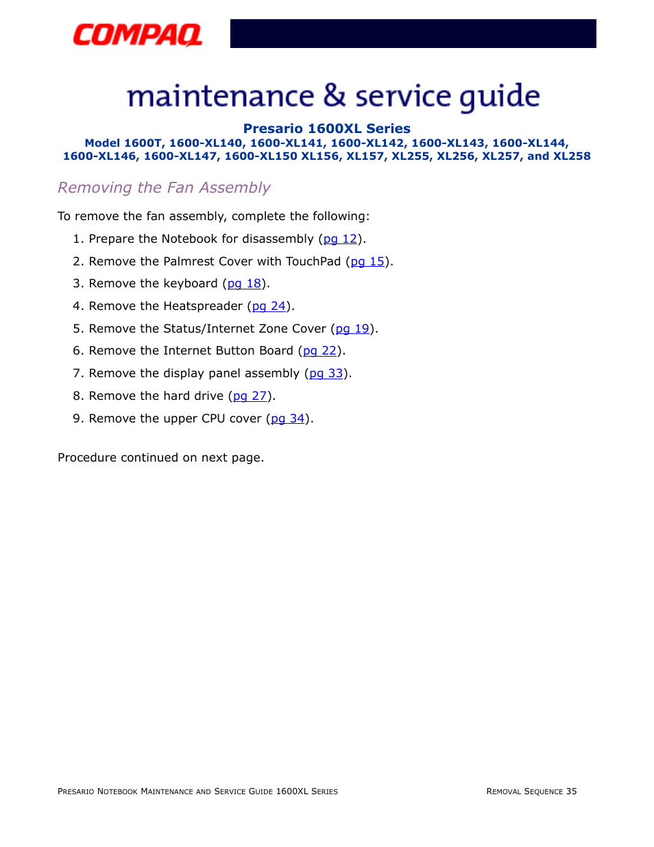 Removing the fan assembly | Compaq 1600XL User Manual | Page 121 / 150