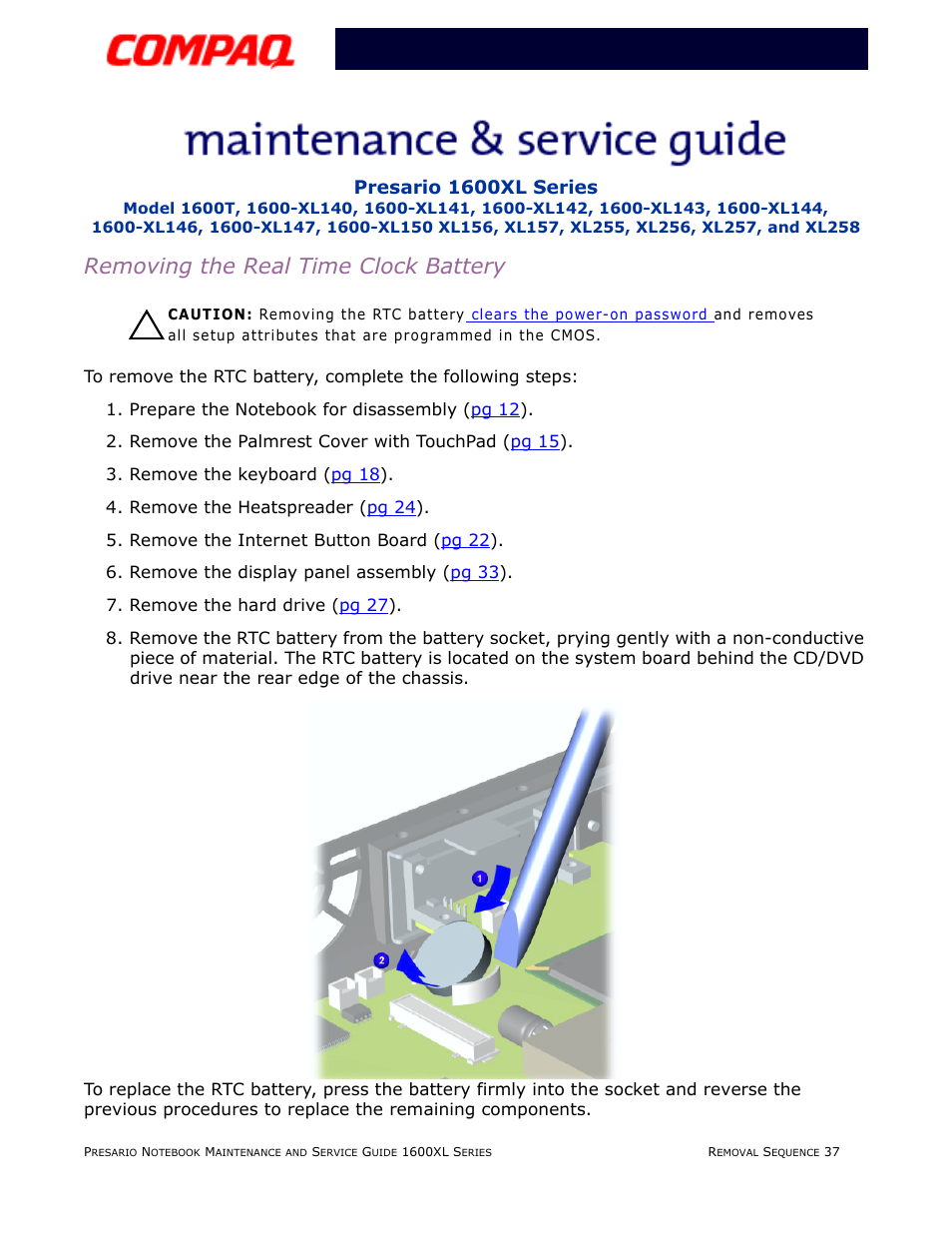 Removing the real time clock battery | Compaq 1600XL User Manual | Page 123 / 150