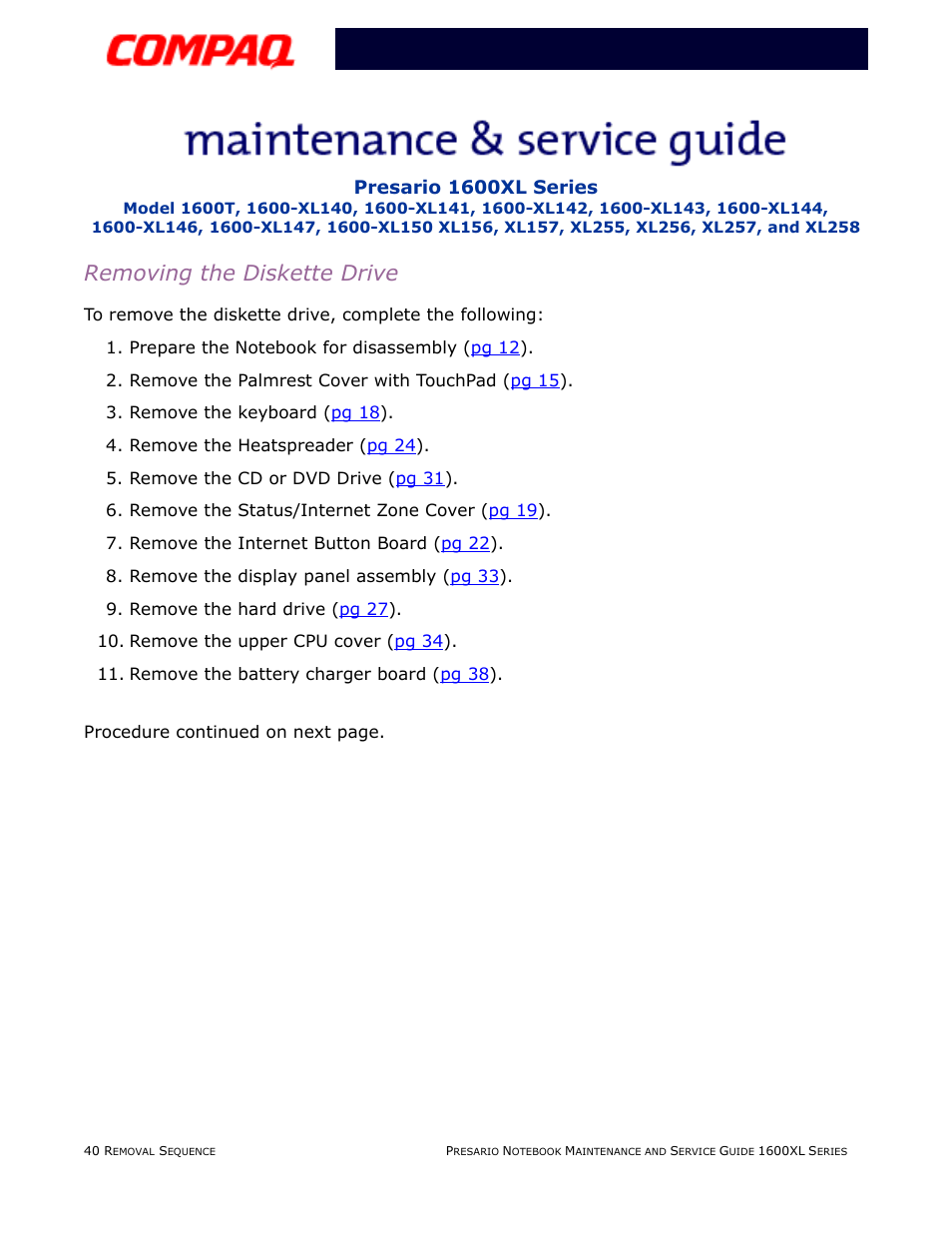 Removing the diskette drive | Compaq 1600XL User Manual | Page 126 / 150