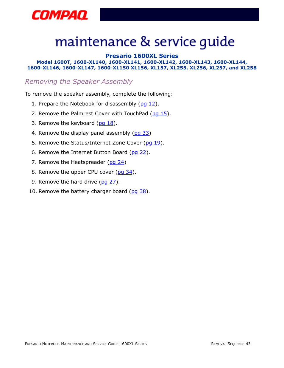 Removing the speaker assembly | Compaq 1600XL User Manual | Page 129 / 150