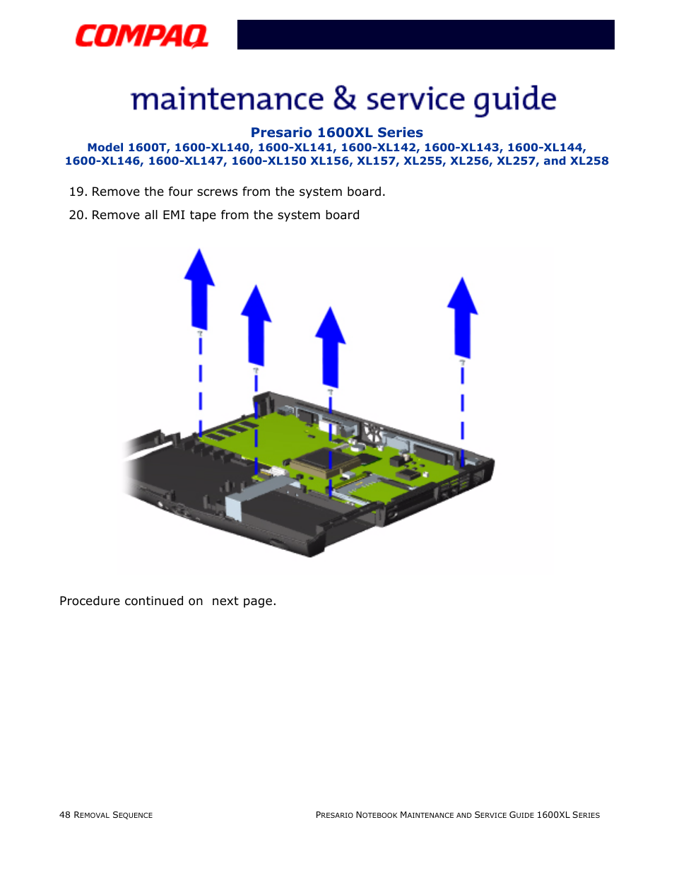 Presario 1600xl series, Remove the four screws from the system board | Compaq 1600XL User Manual | Page 134 / 150