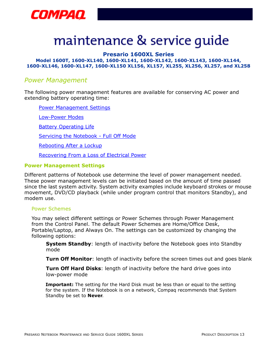 Power management, Power management settings, Power schemes | Compaq 1600XL User Manual | Page 19 / 150