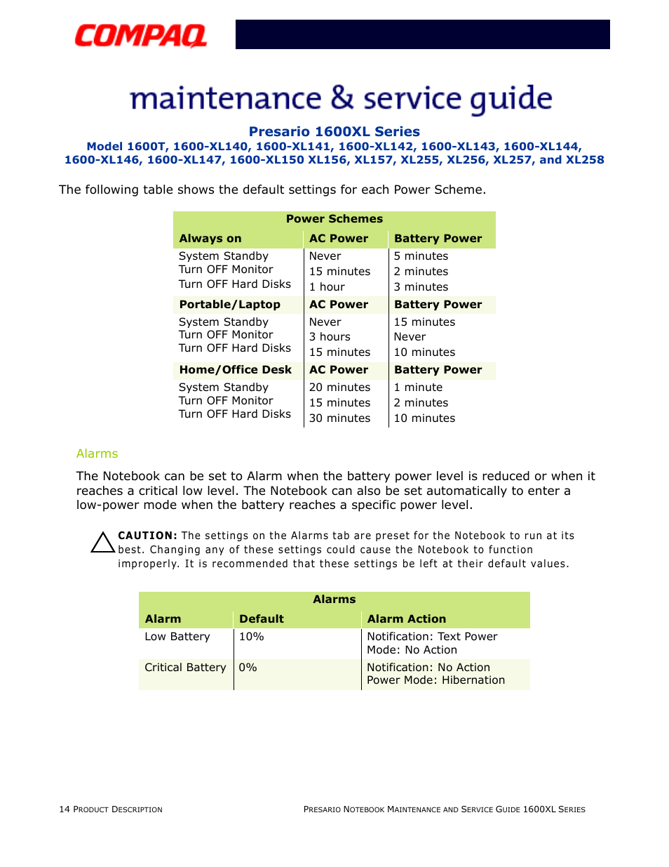 Alarms | Compaq 1600XL User Manual | Page 20 / 150